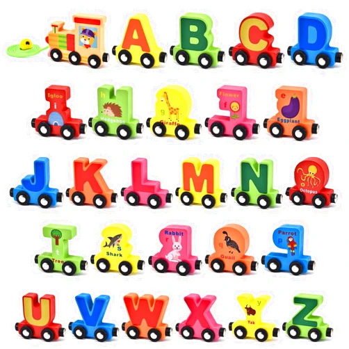 Atoylink 27 Pcs Wooden Train Cars Set Toddlers Magnetic Alphabet Animal Train Toy Kids Boys Girls Letter Cars Montessori Educational Toys for Age 3 4 5 6 7 8