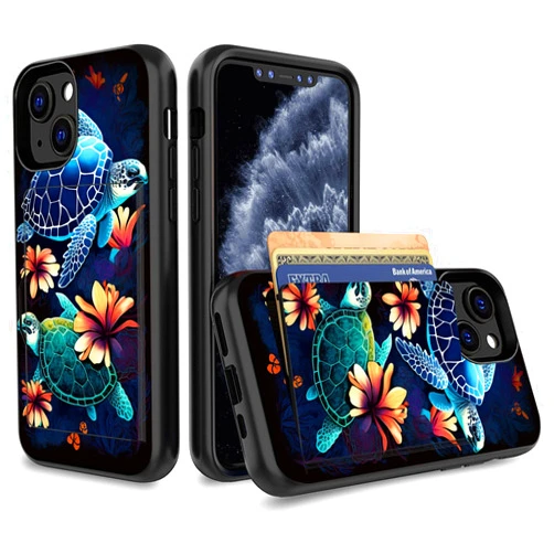 JHYYTUJTYP Case for iPhone 13 Mini Case,Wallet Case Credit Card Holder Flip Case Full Body Best Protective Soft Hybrid TPU Hard Durable Shockproof for iPhone 13 Mini 5.4 Inch,Sea Turtle with Flowers
