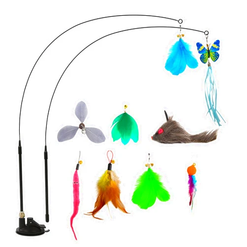 FOKICOS Cat Toys Wand Hands-Free Interactive with Super Suction Cup Sticky Detachable 9Pcs Refills 2 Stick for Indoor (Cat Wand with Suction Cup)