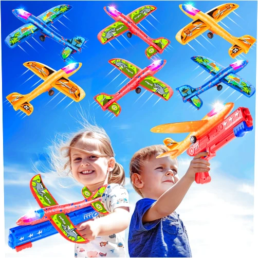 Bigdream 6 Pack LED Airplane Launcher Toys with 2 Launchers, 2 Flight Mode Glider Catapult Plane with Stickers, Flying Outdoor Toys for 3 4 5 6 7 8 9 10 11 12 Year Old Kids Boys Girls Birthday Gifts