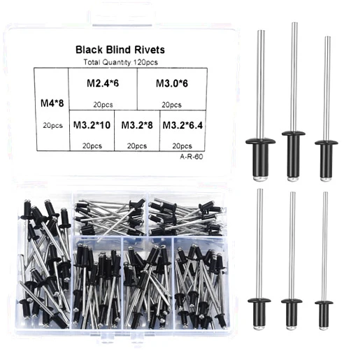 JETFLIP 120Pcs Black Pop Rivets Assortment Kit - 6 SAE Sizes Aluminum Blind Rivets, Strong and Durable Assorted Blind Rivets, Blind Rivets Assortment Kit with Labeled Storage Case