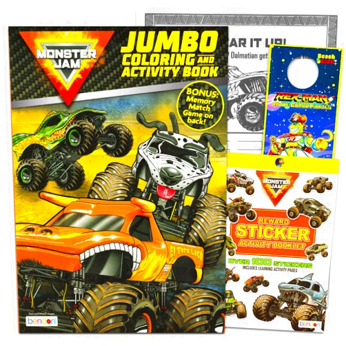 Bendon Monster Jam Coloring Book and Activity Set for Kids - 1 Coloring Book with Activities, Games, Stickers, and Rex-Man Door Hanger