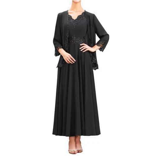 Hegabch 2 Pieces Mother of The Bride Dresses for Wedding Lace Appliques Chiffon Mother of The Groom Dress with Jacket