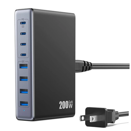 LanLuk 200W USB C Charger Block,GaN IV Charging Station 8 Ports,QC4.0 Fast Charging Station Hub+PD 65W USB C Laptop Charger Adapter Compatible with MacBook Air/Pro,DELL,iPhone 16/15,iPad,Steam Deck-Black