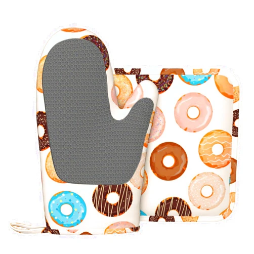 Indokyeyqaz Cute Donuts Oven Mitts and Pot Holders Sets, Home Silicone Heat Resistant BBQ Gloves for Kitchen Baking Cooking Grilling Microwave