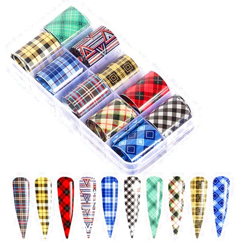 BSBTBZ 10 Rolls Christmas Nail Foil Transfer Stickers,Buffalo Plaid Designs Nail Foil Adhesive Decals Nail Art Supplies Holographic Foil Stickers Set Nail Tips Manicure Women Girls DIY Nail Art Decorations