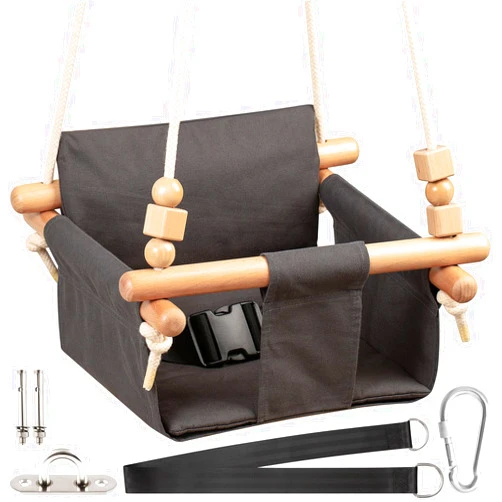 Yangbaga Baby Canvas Swing Seat with Belt, Wooden Hanging Chair Swing Seat Indoor and Outdoor for Toddler Boys Girls Tree and Backyard Black