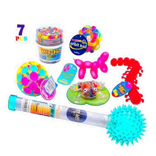 Toysmith Sensory Bundle – Cosmic Ray Wand, Jumbo Suction Ball, Flashing Orbit Ball, Balloon Dogs, Mix-Ins Slime, Plastic Bead Filled Frog, and Crawlies–Sensory Play for Kids Ages 3+