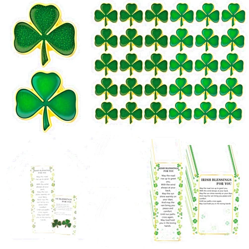 Luck sea 30 Sets St Patricks Day Clove Pins Accessories Shamrock Pin Blessing Cards Bookmarks White Bags Saint Patrick’s Irish Party Good Luck Gifts Bulk