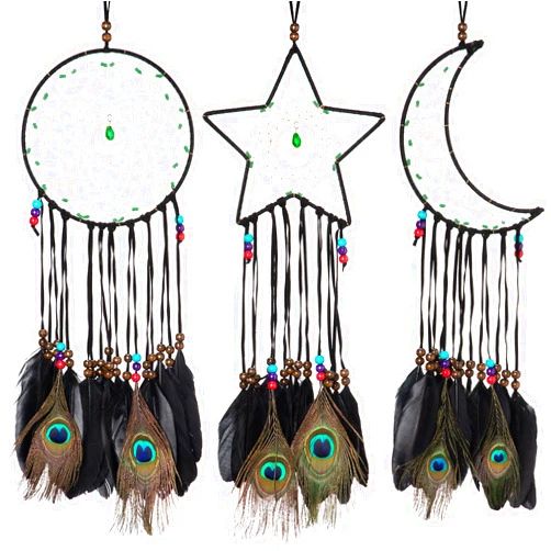 Jetec 3 Pcs Dream Catcher Moon Sun Star Design Handmade Traditional Design Craft Ornament Wall Art Hanging Home Decoration Bedroom Wedding(Fresh Style,Dark Black)