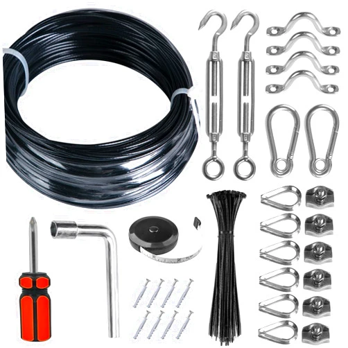 Brightown String Lights Hanging Kit for Outdoor, Includes 100Ft Stainless Steel(304) Suspension Rope Cable in Black Vinyl-Coated, Turnbuckle, Thimble, Hooks. Heavy Duty and Easy to Install