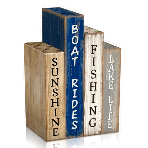 Lineshading 4 Pcs Summer Lake House Decor Stacked Wooden Block Set with Lake Life Boat Rides Fishing Sunshine Blue White Summer Table Decor Wooden Book Signs for Fishing & Boating Lovers Gifts