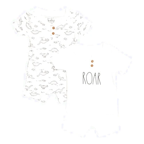 Hidd_ntr_asur_s 3-6 months 2 piece romper set one with dinosaur print and one reads ROAR