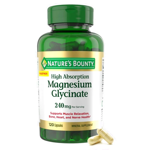 Nature's Bounty Nature’s Bounty High Absorption Magnesium Glycinate 240 mg for Supporting Muscle Relaxation and Bone, Heart & Nerve Health – Non-GMO, Gluten-Free, Vegetarian, 120 Count/60 Servings