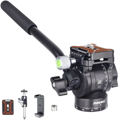 INNOREL Tripod Fluid Head Pan Tilt Head Mini Pan Metal Camera Video Tripod Head with 2 Arca Swiss Quick Release Plates, Handle, Magic Arm & Phone Clip for Video DSLR Cameras, Load up to 8.8lb/4kg, F10