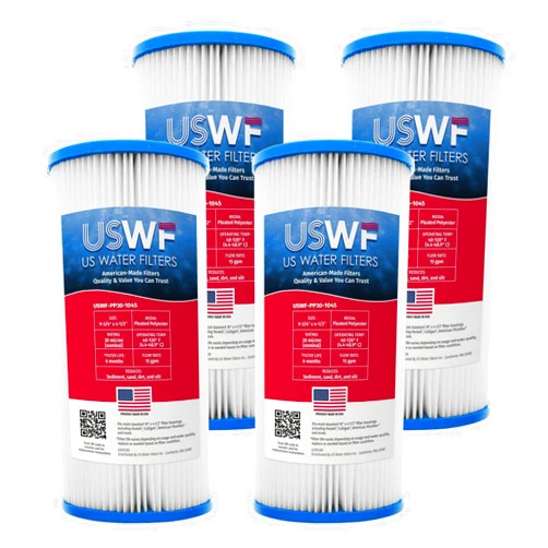 US Water Filters 30 Micron 10 Inch x 4.5 Inch | 4-Pack Pleated Polyester Whole House Sediment Replacement Cartridge | Compatible with Pentek R30-BB, Hydronix SPC-45-1030 | Made in the USA, US Water Filters