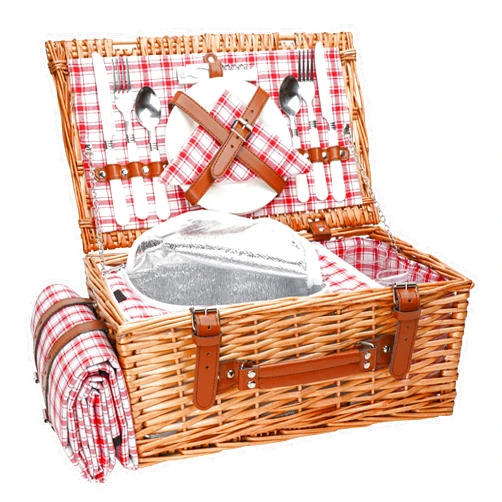 TwentyNext Wicker Picnic Basket Set for 2 Persons with Waterproof Picnic Blanket and Large Insulated Cooler Compartment, Willow Picnic Hamper Basket with Cutlery Service Kits for Camping, Wedding (Red) (Red)