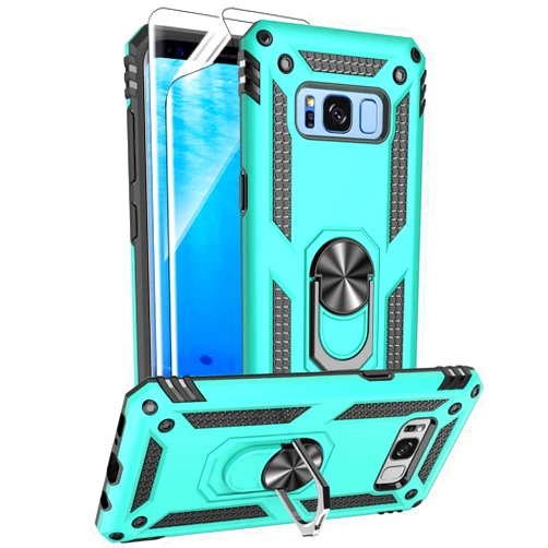 Androgate for Samsung Galaxy S8 Case with HD Screen Protectors (NOT fit S8 Plus), Military-Grade Metal Ring Holder Kickstand 15ft Drop Tested Shockproof Cover Case for Samsung Galaxy S8 (2017) Green