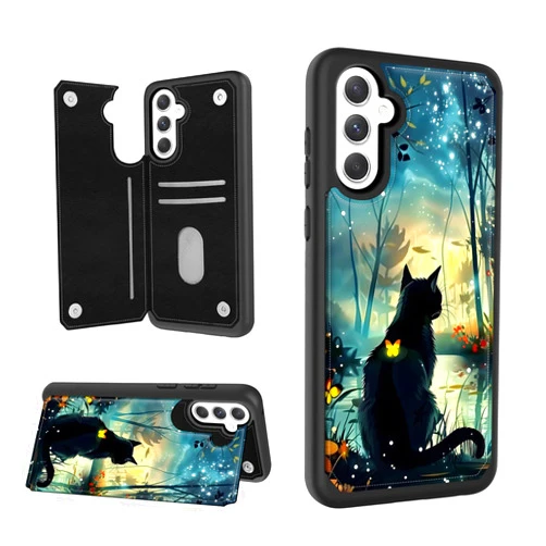 Tudguiloae for Samsung Galaxy S24 FE Phone Wallet with Card Holder, Flip PU Leather Shockproof Phone Case for S24 FE, Kickstand Card Slots, Magnetic Dual Clasp RFID Blocking, Black Cat Forest
