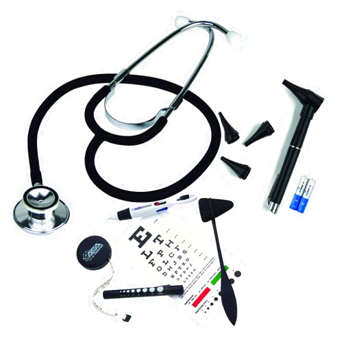 ASA TECHMED Dual Head Stethoscope Set with Snellen Eye Chart, Taylor Percussion Hammer, Otoscope w/Batteries, LED Pupil Gauge Penlight, Retractable Tape Measure, 4 in 1 Ballpoint Pen