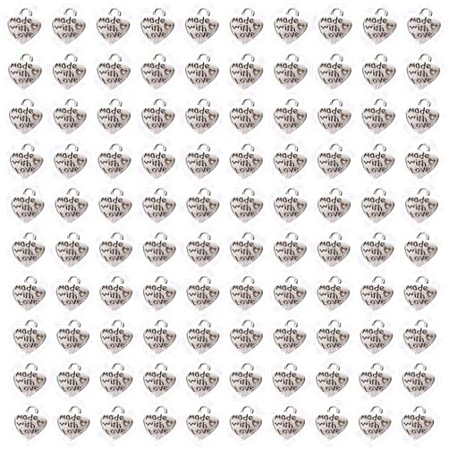Shapenty 100PCS Mini Metal Beads Heart Shaped “Made with Love” Charms Bulk for DIY Craft Keychain Necklace Pendants Bracelets Earrings Jewelry Making Findings