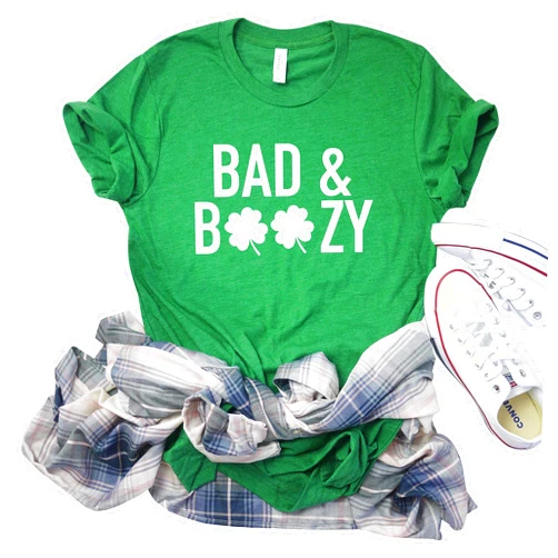 Up2ournecksinfabric LLC Drinking St Patty's Day Shirt Bad and Boozy Shirt Women's St Patricks Day tee Funny St Patty tee Boozy Shirt White
