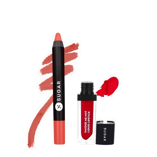 SUGAR Cosmetics SUGAR Matte As Hell Crayon Lipstick - 04 Holly Golightly + SUGAR Smudge Me Not Liquid Lipstick - 43 Hot Shot