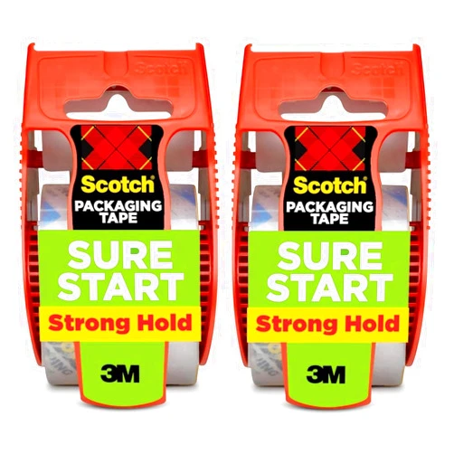 Scotch Sure Start Packing Tape, Clear, Quiet Unwind and Easy Start, Moving Supplies, 1.88 in. x 22.2 yd., 2 Tape Rolls with Dispensers