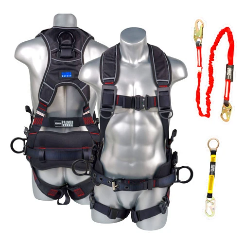 Palmer Safety Akula Construction Premium Safety Harness Kit, 3D-Ring Aluminum, 6' Single Leg Lanyard & D-Ring Extender