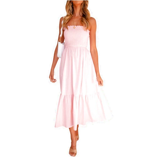 ZESICA Women's Summer Strapless Dress Off Shoulder Sleeveless High Waist Solid Color Beach Long Dresses