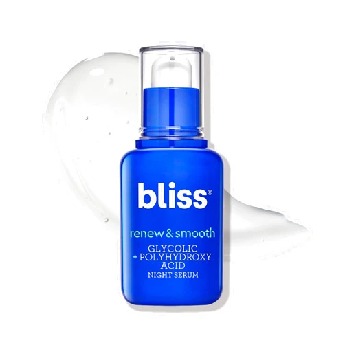 Bliss Renew & Smooth Night Serum- AHA Glycolic + Polyhydroxy Acid - Gently Removes Dead Skin Cells- Transforms Dull Dry Skin- For Hydrating Radiant Glowing Skin - Vegan & Cruelty-Free - 1 Fl Oz