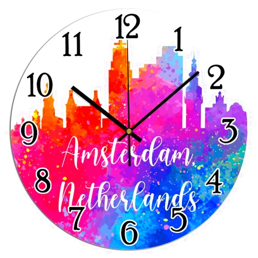 Vinisong Watercolor Art Cityscape Clock for Wall Netherlands Amsterdam Skyline PVC Wall Clocks Netherlands Amsterdam Watercolor City Landscape Clock Non Ticking Silent Wall Clocks 10x10in