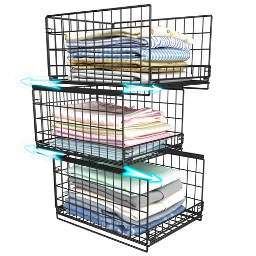 Hongtamoya 3 Tier Sliding Closet Organizers and Drawer Storage Shelves, Stackable Storage Bins for Jean Pants Sweaters, Metal Drawer Slid Clothes Storage Container for Wardrobe Cupboard, Black