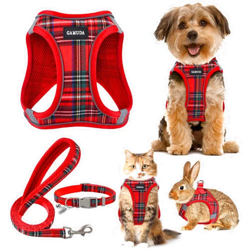 GAMUDA Small Dog Harness Collar and Leash Set, Step in No Chock No Pull Soft Mesh Adjustable Dog Vest Harnesses Plaid Reflective for Dogs Puppy Cats Kitten Rabbit (Red, XS)