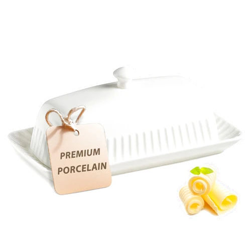 YHOJOY Ceramic Butter Dish with Lid, White Butter Holder Container with Porcelain Cover Knob Handle, Butter Dishes for Countertop Refrigerator, Perfect for East West Coast Butter Storage, Striped
