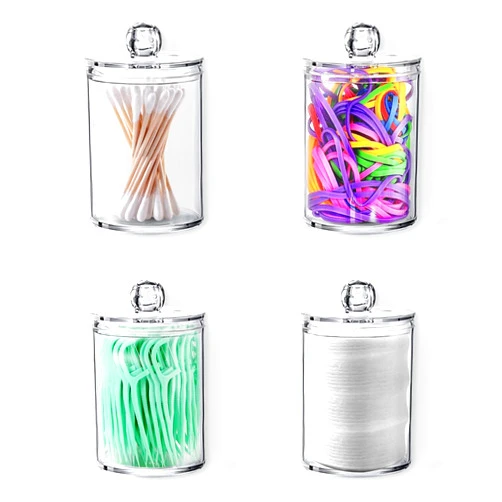APIROS Wall Mounted Stylish Bathroom Jars with Lids Set- 4 Pack Plastic Apothecary Jars with Lids & Labels- Clear Bathroom Organizer Jars Set- Floss Picks, Pads, Swabs, Cotton Ball and Qtip Holder Set