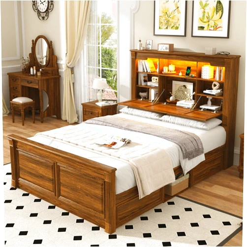St.Mandyu Farmhouse Queen Size Bed Frame with 55