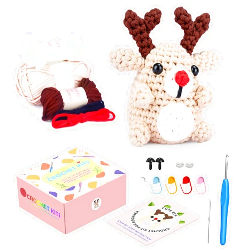 Apexillio Crochet Kit for Beginners, Christmas Crochet Animals Learn to Crochet for Beginners Kit, Step-by-Step Video Tutorials Animal Beginner Crochet Kit for Adults Kids (Elk-01)