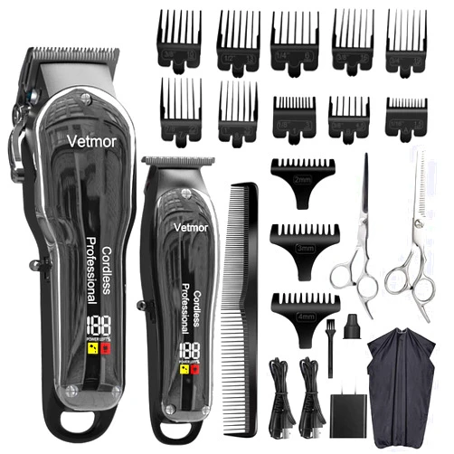 Vetmor Cordless Hair Clippers Haircut Machine Trimmer Kit Set for Men Professional Barber Supplies Hair Cutting Kit Barber Accessories Hair Clipper Maquina De Cortar Cabello (Chrome Silver)