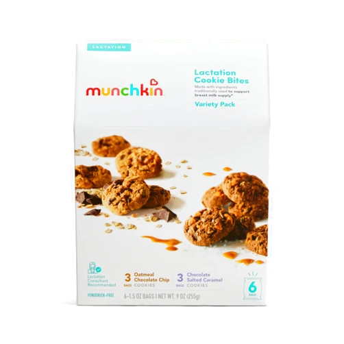Munchkin Lactation Cookie Bites Variety Pack - Helps Increase Milk Supply for Nursing/Breastfeeding/Pumping Moms, 3 Oatmeal Chocolate Chip, 3 Chocolate Salted Caramel, 6 Pack
