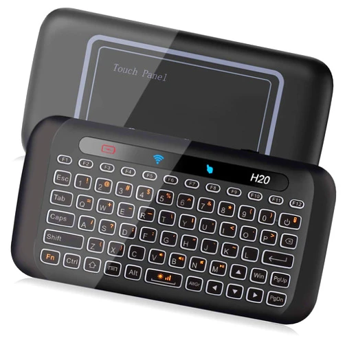 ILEBYGO 2.4Ghz H20 Mini Wireless Keyboard and Touchpad Mouse Combo,7 Colors Adjustable, Rechargeable Auto-rotation of Touch Panel handheld Remote Control for Android TV Box, Projector, IPTV, HTPC, PC