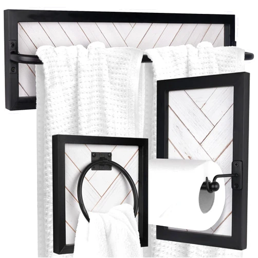 Autumn Alley Farmhouse Bathroom Accessories Set - Rustic Towel Ring, Toilet Paper Holder, and Towel Rack with Unique Shiplap Design - Handcrafted Wood and Metal, Wall Mounted, Black and White