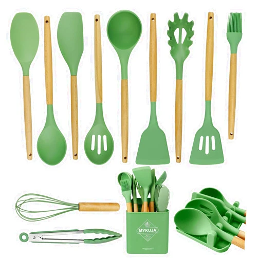 MYKUJA Green Kitchen Cooking Utensils Set-Heat Resistant Silicone Cooking Utensils Set, Non-Stick Kitchen Utensils Spatula Set with Holder, 13 Pcs Silicone Kitchen Gadgets Decor (Avocado green)