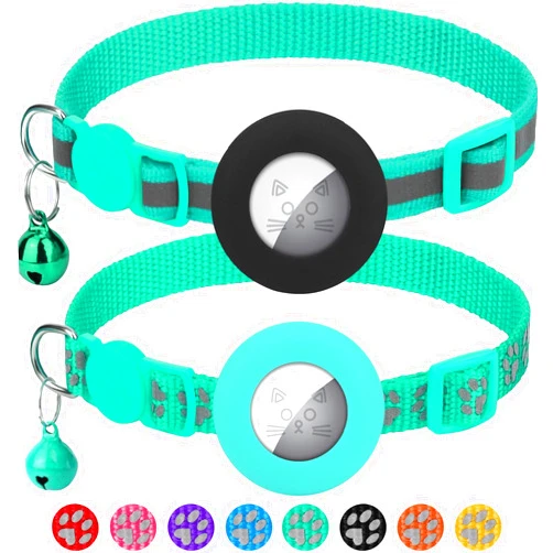 Erbine 2 Pack Airtag Cat Collars, Reflective Cat Collar with Silicone Airtag Holder and Bell, Breakaway Cat Collars with Round Safety Buckle for Boy and Girl Cats, Adjustable for 7.5-12.5