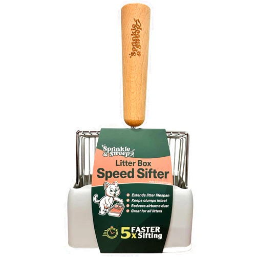 Sprinkle & Sweep Metal Cat Litter Scoop - Heavy Duty Litter Scooper & Speed Sifter with Comfortable Beech Wood Grip - Washable Convenient Stand for Easy and Efficient Cleaning