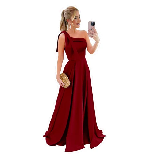 Dolinecy One Shoulder Satin Prom Dresses for Women Long A Line Formal Evening Ball Gowns with Bow