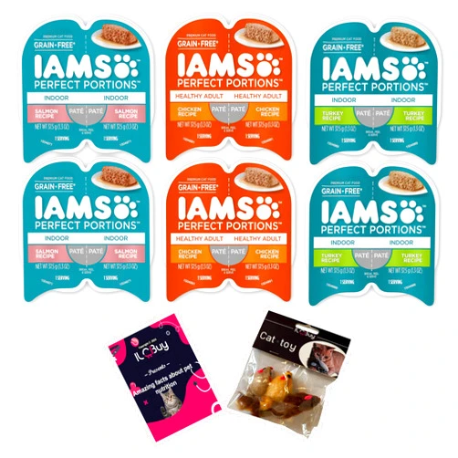 ILC Buy Iams Perfect Portions Grain Free Pate Wet cat Food Bundle Includes : 02 Salmon Recipe Indoor,02 Turkey Recipe Indoor and 02 Chicken Healthy Adult. (2.6 OZ Each) Plus Booklet Kit Mouse Toy.