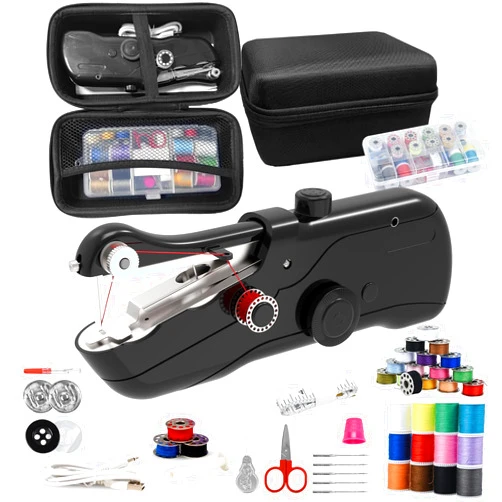 SnowVoice Handheld Sewing Machine, Portable Sewing Machine with Storage, Electric Switch, Two Speed Modes, Easy to Operate,Portable Mini Sewing Machine.Black with accessories