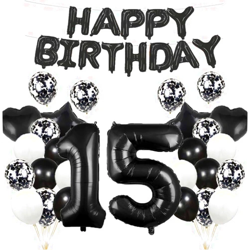 GLZLMM 15th Birthday Balloon Set: Black '15' Foil Mylar & Latex Balloons, 'Happy Birthday' Banner, Hearts, Stars & Confetti for Girls, Boys, Women, Men