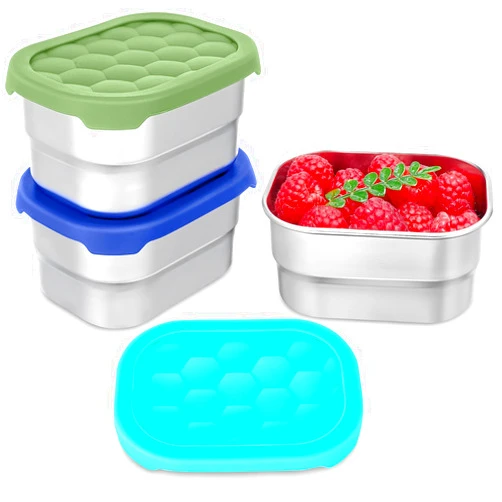 Gencywe 3 Pack Stainless Steel Snack Containers for Kids, 8 oz Easy Open Leak Proof Small Toddler Snack Containers with Silicone Lids, Stackable Metal Lunch Box for Daycare and School (Blue)